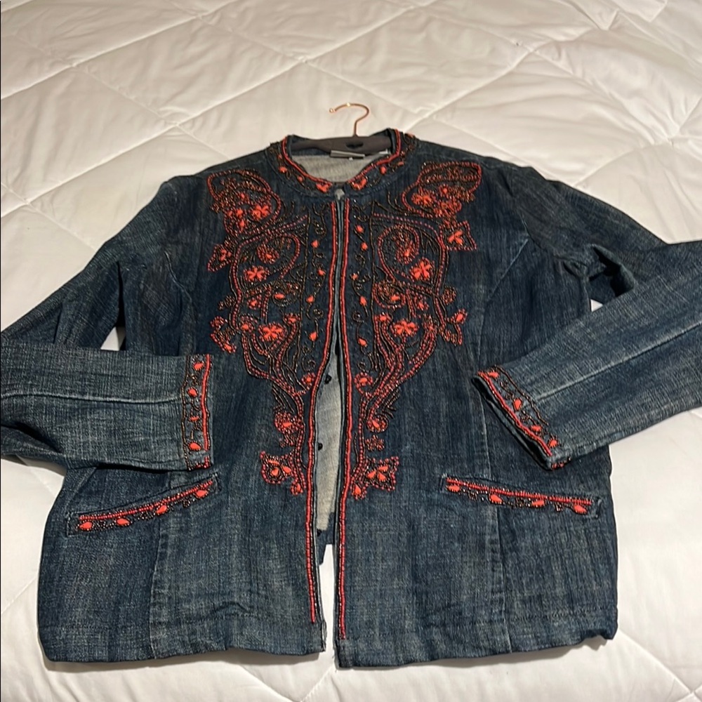 Chico's Blue and Red Embroidered Jean Jacket